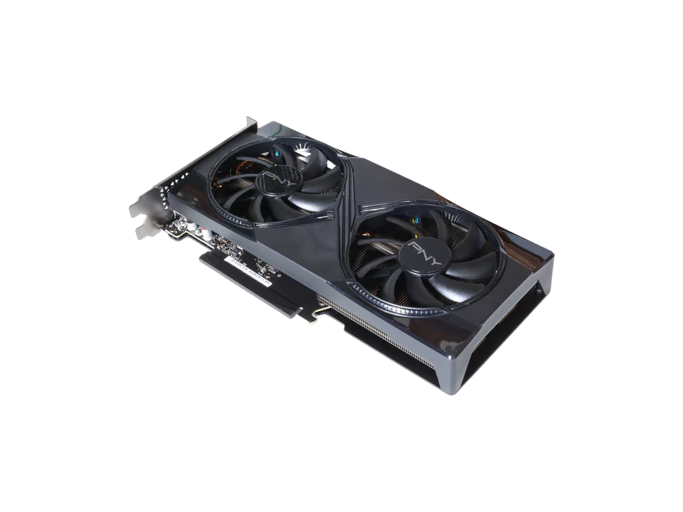 Carte graphique PNY GeForce RTX 5060 Ti vue de trois quarts : deux ventilateurs noirs au logo PNY, capot noir brillant, équerre métallique à gauche.