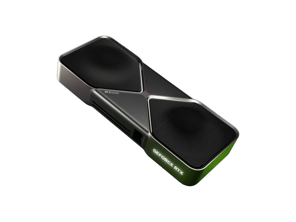 Carte graphique GeForce RTX 5090 Founders Edition vue de trois quarts : deux ventilateurs noirs dans un cadre gris métal en forme de X, marquage GeForce RTX éclairé sur la tranche.