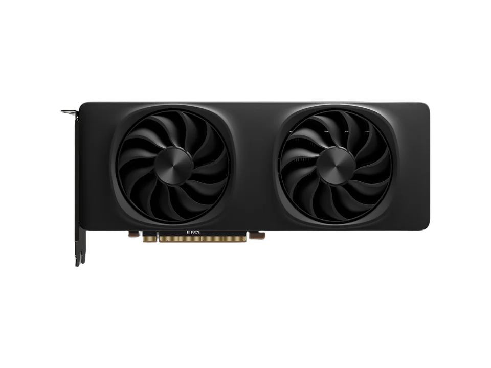 Carte graphique Intel Arc B580 Limited Edition vue de face : deux ventilateurs noirs sur un capot noir, logo Intel sur la tranche du circuit.