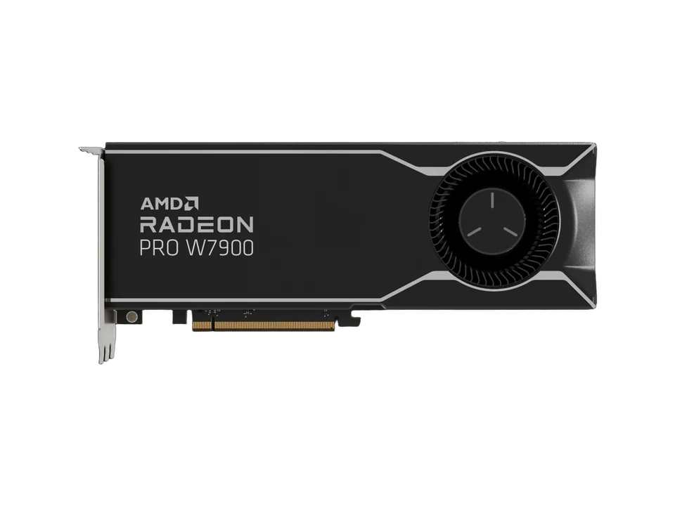 Carte graphique Radeon PRO W7900 vue de face : capot noir à filets argentés marqué AMD Radeon PRO W7900, ventilateur radial à droite, connecteur doré en bas.