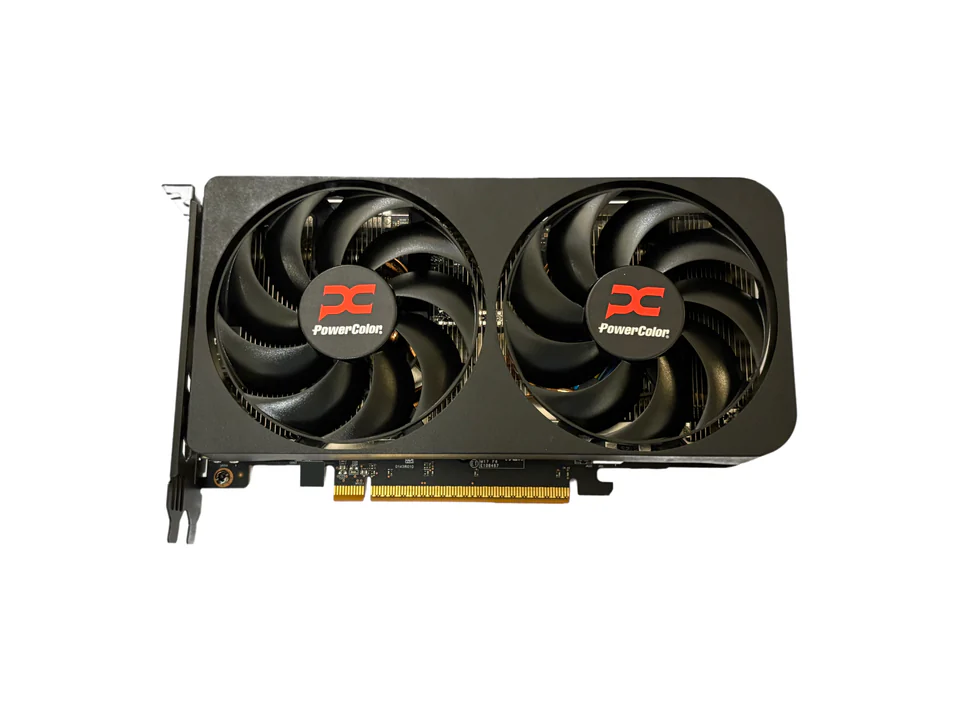 Carte graphique PowerColor Radeon RX 9060 XT vue de face : deux ventilateurs noirs aux moyeux rouges marqués PowerColor, connecteur doré en bas.