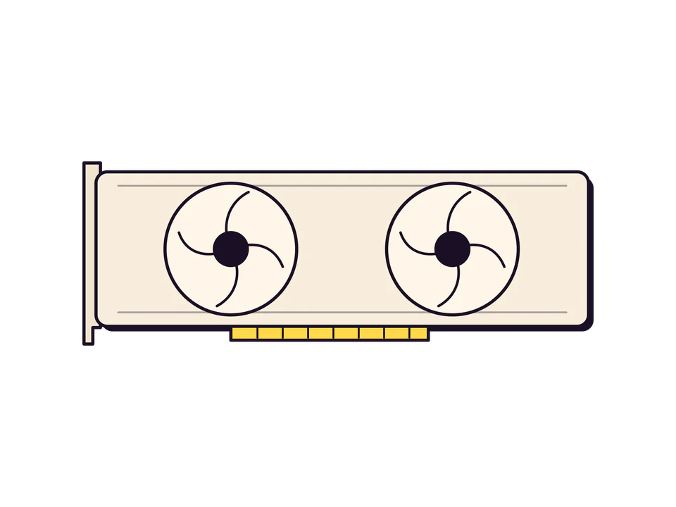 Dessin au trait d'une carte graphique vue de face : deux ventilateurs sur un capot, équerre à gauche, connecteur jaune en bas.