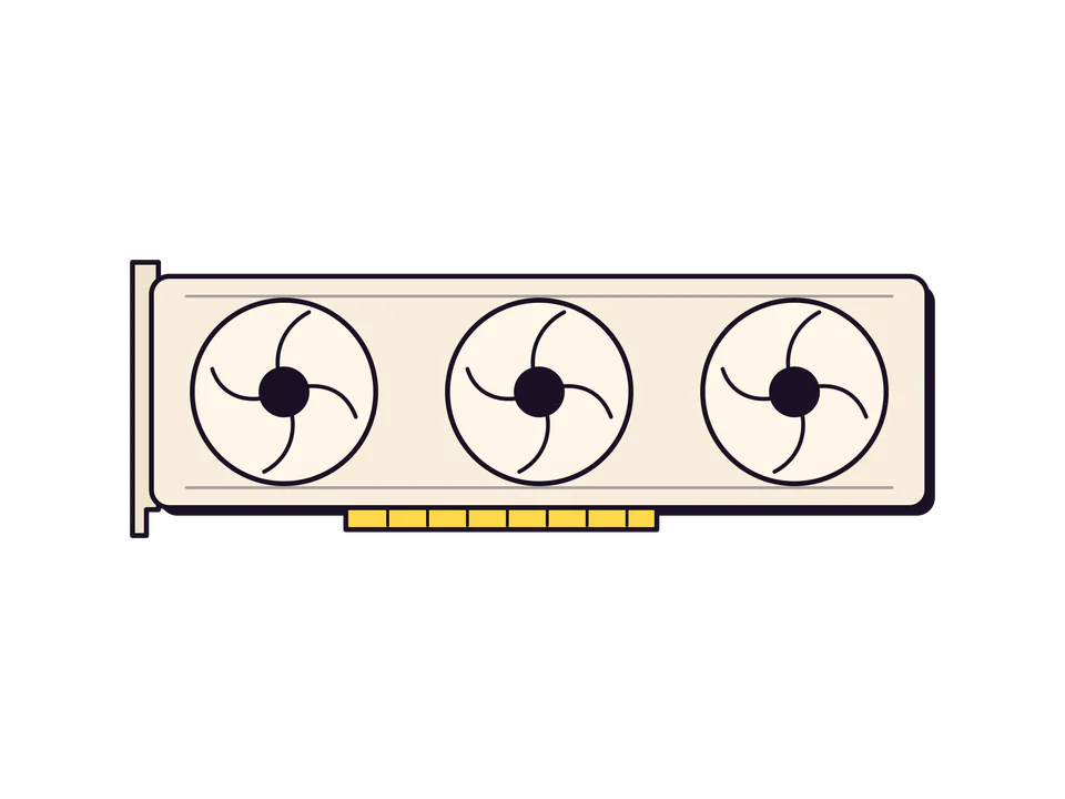 Dessin au trait d'une carte graphique vue de face : trois ventilateurs sur un capot, équerre à gauche, connecteur jaune en bas.