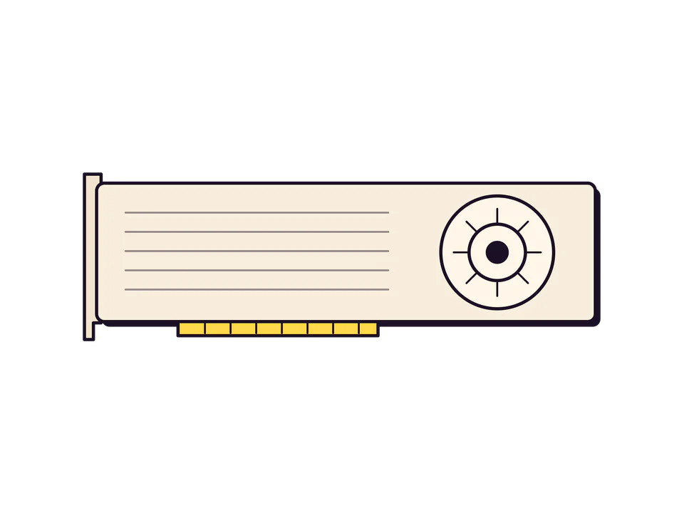 Dessin au trait d'une carte graphique professionnelle vue de face : capot fermé rainuré et un ventilateur radial à l'arrière.