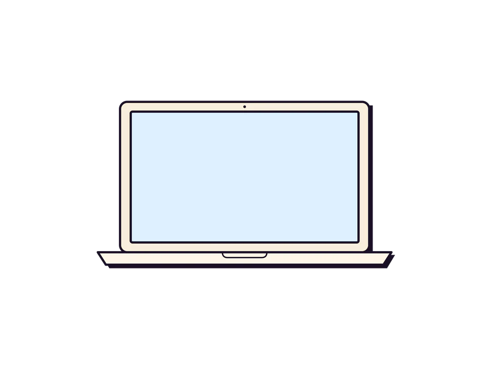 Dessin au trait d'un PC portable ouvert vu de face, écran bleu pâle.
