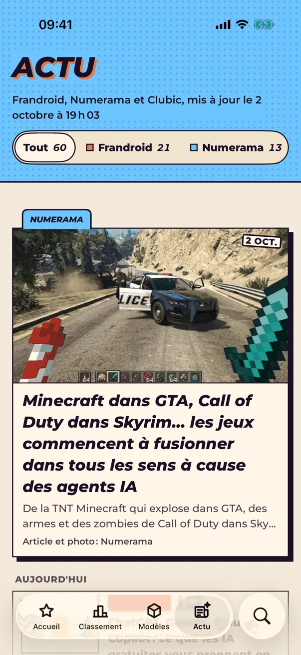 L'onglet Actu sur iPhone : les derniers articles de Frandroid, Numerama et Clubic sur l'IA.