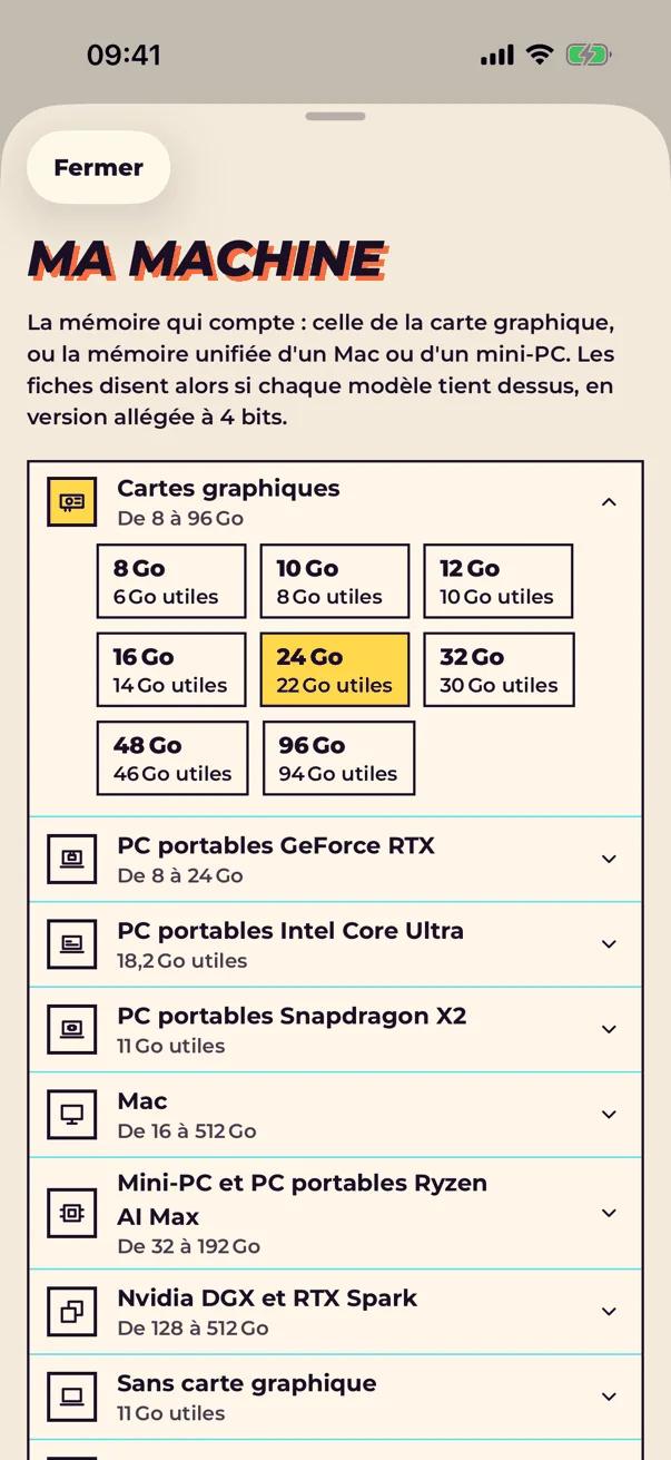 L'écran « Ma machine » sur iPhone : la mémoire de sa carte graphique, de son Mac ou de son mini-PC.