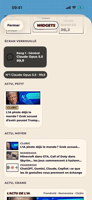 Les widgets de l'appli sur iPhone : écran verrouillé, et l'actu en petit et en moyen.