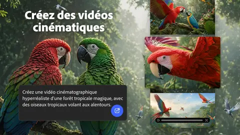 Capture de l'appli Adobe Firefly sur tablette Android, titrée « Créez des vidéos cinématiques » : deux perroquets dans une forêt tropicale, avec la description demandée.