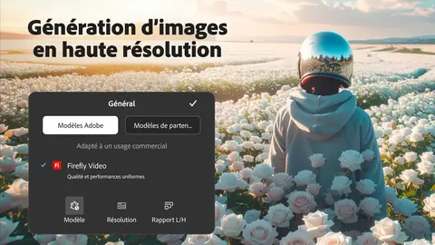 Capture de l'appli Adobe Firefly sur tablette Android, titrée « Génération d'images en haute résolution » : le choix entre les modèles d'Adobe et ceux de partenaires.