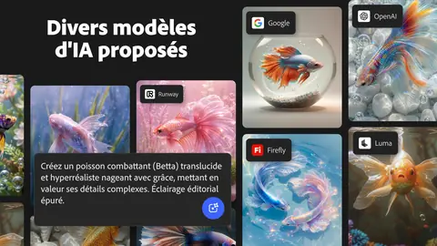 Capture de l'appli Adobe Firefly sur tablette Android, titrée « Divers modèles d'IA proposés » : des poissons générés par les modèles de Google, OpenAI, Runway, Luma et Firefly.