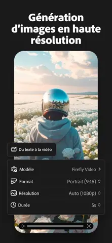 Capture de l'appli Adobe Firefly sur iPhone, titrée « Génération d'images en haute résolution » : une image générée et ses réglages de modèle, format et résolution.