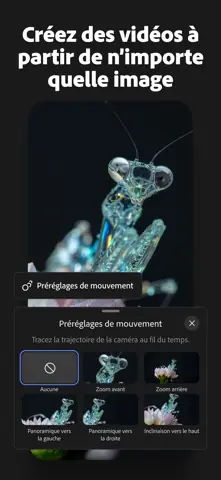 Capture de l'appli Adobe Firefly sur iPhone, titrée « Créez des vidéos à partir de n'importe quelle image » : le choix des préréglages de mouvement.