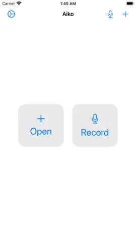 Capture de l'appli Aiko sur iPhone, en anglais : l'écran d'accueil avec les deux boutons Open et Record.