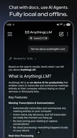 Capture de l'appli AnythingLLM sur Android, en anglais, titrée « Chat with docs, use AI Agents. Fully local and offline. » : une réponse du modèle Qwen3.5 2B sur le téléphone.