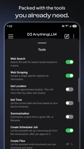 Capture de l'appli AnythingLLM sur Android, en anglais, titrée « Packed with the tools you already need » : la liste des outils de l'agent, à activer un par un.