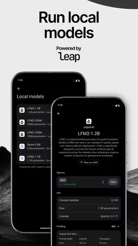 Capture de l'appli Liquid Apollo sur Android, en anglais, titrée « Run local models » : la liste des modèles locaux LFM2 et la fiche de l'un d'eux.