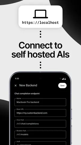 Capture de l'appli Liquid Apollo sur Android, en anglais, titrée « Connect to self hosted AIs » : l'ajout d'un serveur de modèles personnel.