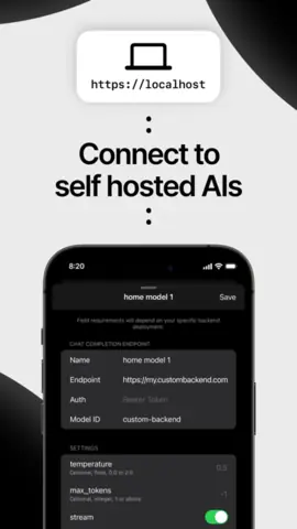 Capture de l'appli Liquid Apollo sur iPhone, en anglais, titrée « Connect to self hosted AIs » : le réglage d'un serveur de modèles personnel.