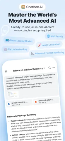 Visuel de l'appli Chatbox AI sur Android, en anglais, titré « Master the World's Most Advanced AI » : le résumé d'un dossier de recherche envoyé en pièce jointe.