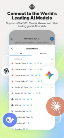 Capture de l'appli Chatbox AI sur Android, en anglais, titrée « Connect to the World's Leading AI Models » : la liste des modèles à choisir (Claude, Gemini, GPT, DeepSeek).