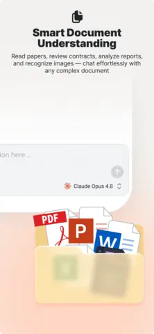 Visuel de l'appli Chatbox AI sur Android, en anglais, titré « Smart Document Understanding » : des fichiers PDF, Word et PowerPoint à faire analyser.