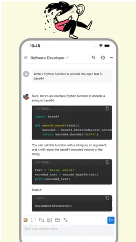 Capture de l'appli Chatbox sur iPhone, en anglais : une fonction Python d'encodage en base64 écrite par l'assistant, avec le code mis en forme.