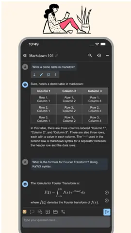 Capture de l'appli Chatbox sur iPhone, en anglais, en thème sombre : un tableau en Markdown et une formule mathématique affichés dans la conversation.