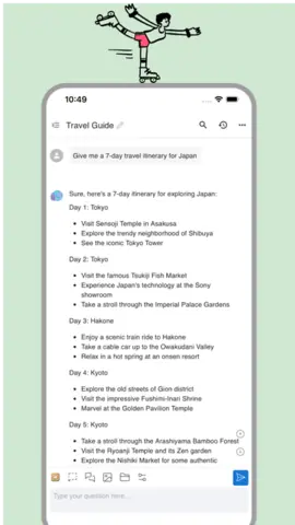 Capture de l'appli Chatbox sur iPhone, en anglais : un itinéraire de sept jours au Japon proposé par l'assistant.