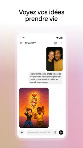 Capture de l'appli ChatGPT sur Android, titrée « Voyez vos idées prendre vie » : une photo de couple transformée en illustration de jeu vidéo en pixel art.