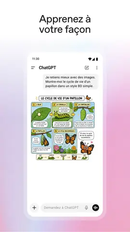 Capture de l'appli ChatGPT sur Android, titrée « Apprenez à votre façon » : une planche illustrée sur le cycle de vie du papillon, demandée en style bande dessinée.