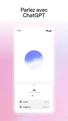 Capture de l'appli ChatGPT sur Android, titrée « Parlez avec ChatGPT » : l'écran du mode voix, avec la bulle animée et le choix de la voix.