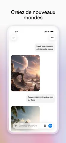 Capture de l'appli ChatGPT sur iPhone, titrée « Créez de nouveaux mondes » : une conversation où ChatGPT génère l'image d'un paysage extraterrestre, puis d'une plage.