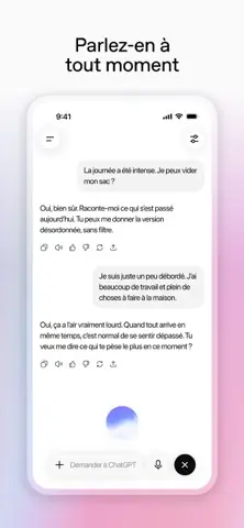 Capture de l'appli ChatGPT sur iPhone, titrée « Parlez-en à tout moment » : une conversation de soutien après une journée chargée, avec le bouton du mode voix.