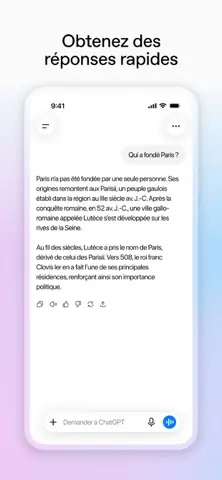 Capture de l'appli ChatGPT sur iPhone, titrée « Obtenez des réponses rapides » : la réponse à la question « Qui a fondé Paris ? ».