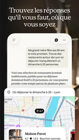 Capture de l'appli Claude sur Android, titrée « Trouvez les réponses qu'il vous faut, où que vous soyez » : une recherche de restaurants à Lyon avec une carte.