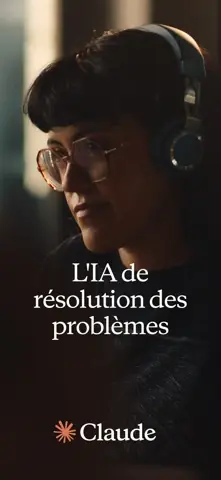 Visuel de l'appli Claude sur iPhone : une personne avec un casque devant un écran, et le slogan « L'IA de résolution des problèmes ».