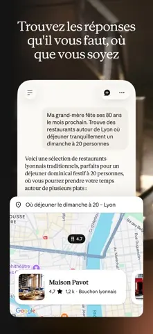 Capture de l'appli Claude sur iPhone, titrée « Trouvez les réponses qu'il vous faut, où que vous soyez » : une recherche de restaurants à Lyon avec une carte et une adresse.
