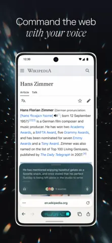 Capture de l'appli Comet sur Android, en anglais, titrée « Command the web with your voice » : une question à voix haute sur la page Wikipédia de Hans Zimmer.