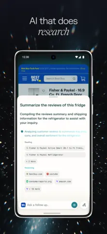 Capture de l'appli Comet sur Android, en anglais, titrée « AI that does research » : le résumé des avis sur un réfrigérateur, avec ses sources.
