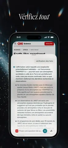Capture de l'appli Comet sur iPhone, titrée « Vérifiez tout » : la vérification des faits d'un article de CNN sur une exoplanète.