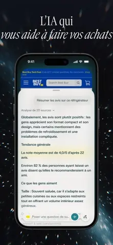 Capture de l'appli Comet sur iPhone, titrée « L'IA qui vous aide à faire vos achats » : le résumé des avis sur un réfrigérateur dans une boutique en ligne.