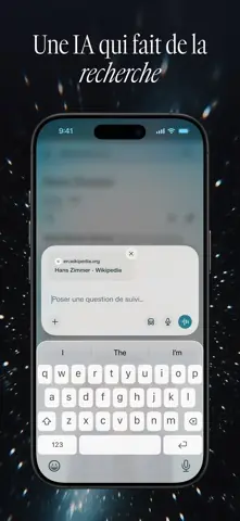 Capture de l'appli Comet sur iPhone, titrée « Une IA qui fait de la recherche » : une question posée sur la page Wikipédia ouverte.