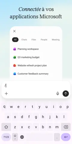 Capture de l'appli Microsoft Copilot sur Android, titrée « Connectée à vos applications Microsoft » : la recherche dans les fichiers et réunions.