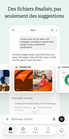Capture de l'appli Microsoft Copilot sur Android, titrée « Des fichiers finalisés, pas seulement des suggestions » : un plan de campagne et ses documents.