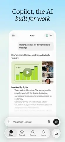 Capture de l'appli Microsoft Copilot sur iPhone, en anglais, titrée « Copilot, the AI built for work » : le résumé des réunions du jour avec un graphique.