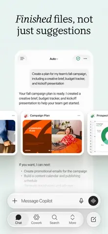 Capture de l'appli Microsoft Copilot sur iPhone, en anglais, titrée « Finished files, not just suggestions » : un plan de campagne avec ses documents produits.