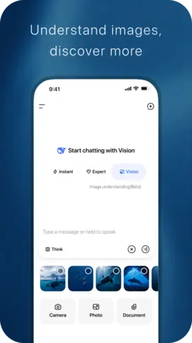 Capture de l'appli DeepSeek sur Android, en anglais, titrée « Understand images, discover more » : l'accueil avec les modes Instant, Expert et Vision.