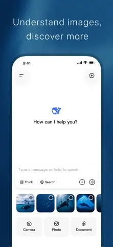 Capture de l'appli DeepSeek sur iPhone, en anglais, titrée « Understand images, discover more » : l'accueil avec les boutons Think, Search, caméra, photo et document.