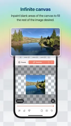 Capture de l'appli Draw Things sur iPhone, en anglais, titrée « Infinite canvas » : une photo de lac prolongée en remplissant les zones vides de la toile.